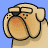 Pixelated dog face with orange nose and black outline, wearing rectangular glasses against blue background.