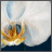 A pixelated static image of a white flower with yellow-orange center and blue-green leaves against light background.