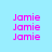 Pixelated pink text 'Jamie' repeated in four vertical on a light blue background with alternating horizontal pink bars