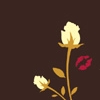 A static pixel art image of two white flowers with brown stems and leaves on a dark brown background, with a red lip print near the taller flower.
