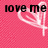 A pink pixelated background with three white heart-shaped line drawings and black text reading 'love me', 'hate', and 'her' in different positions.