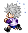 Pixel art character with spiky white hair in purple shirt and blue shorts, shown from multiple angles against gray background.