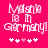 Pixelated pink background with white text reading 'Melanie is in Germany!' and five heart symbols below, two variations of the heart sequence visible.
