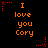 Orange text reading "I love you Cory" on black background with red star-shaped pixel clusters at corners and midpoints.