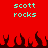 Red background with cyan text reading 'scott rocks' repeated twice, dark red flame-like shapes along the bottom edge.