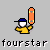 Pixelated character in yellow shirt and blue cap holds various objects above head , with text 'fourstar' below each frame