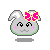 Pixel art bunny head with pink bow, gray body, green outline, and pink cheeks, shown in four sequential expressions.