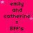 A static image with a bright pink background displays repeated text "emily and catherine = BFF's" in black pixelated font, surrounded by small pink stars.