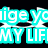 Pixelated cyan and white text on black background reads 'Mige My Life' with partial letters visible.