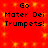 Red background with yellow sparkles and black text reading 'Go Mater Dei Trumpets!' in two identical horizontal sections.