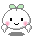 Two pixelated white characters with green bows, black square eyes, pink cheeks, and gray outlines, one with arms down and the other with arms raised.