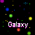 Pixelated 'Galaxy' text in pink appears over a black background with scattered multicolored dots and squares.