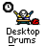 A 4x4 contact sheet of a pixel art animation featuring a skeleton drummer with yellow drumsticks, red cymbals, and blue drums on a gray background.