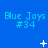 Blue background displays repeated "Blue Jays #34" text with animated white pixel symbols changing across frames.