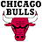 Pixelated Chicago Bulls logo featuring a red bull head with black eyes and white horns above bold text reading CHICAGO BULLS on a white background.
