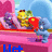 Pixelated cartoon scene with pink platform, blue sky background, and character holding red object; text changes from 'Let' to 'Fell' then 'ARE BEA'
