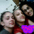 Three people in close proximity with a purple graphic overlay containing pink symbols on the right side.