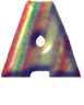 A single uppercase letter A rendered with a rainbow gradient and glossy surface, set against a plain gray background.