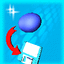 Animated sequence of a blue sphere, red curved arrow, and white document icon on a blue background with white sparkles.