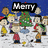 Pixelated holiday scene with cartoon characters around a Christmas tree, snow-covered ground, and text overlays reading 'Merry', 'Christmas', and 'Mongooes'.