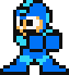Four pixelated blue humanoid figures in various poses against a gray background, each with white and orange facial features and black outlines.