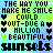 Pixelated text and heart symbols on a gradient background with color variations across repeated