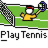 Animated contact sheet of a tennis-themed buddy icon showing multiple frames of a yellow stick figure playing tennis on a green court with tennis balls and net elements.