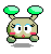 Pixelated character with green antennae, blue eyes, and pink cheeks in nine distinct expressions on gray background.