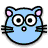 Pixelated blue cat face with large round eyes, pink inner ears and nose, black whiskers, and a simple circular outline.