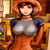 Pixelated image of a character with orange hair wearing a gray top with dark blue shoulder pads and orange pants, standing in a room with wooden walls and a colorful object on the left.