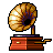 Pixel art of a vintage gramophone with a large horn, red and brown base, and a hand crank on the right side.