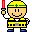 Two pixel-art characters in yellow and black uniforms with green headbands, one holding a red lightsaber-like object, the other holding a striped item.
