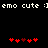 Pixelated text reads 'emo cute :)' above two of red heart icons on a black background