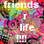Pixelated image with white text 'friends r life!!!' over a multicolored pixel grid background featuring pink, green, yellow, and blue hues.