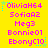Static image with bright yellow background displaying repeated text in pink and blue pixelated font, arranged in three and five