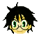 Pixelated character with black spiky hair and green eyes, shown in multiple expressions including open-eyed and closed-eyed states.