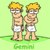 Animated contact sheet of three frames showing two identical cartoon twins in white shorts against a light green background with the word 'Gemini' below them.