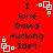 Red background with black text reading 'I love David fucking Ide!!' and white pixelated square decorations in four corners.