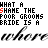Animated sequence of text and script repeating 'WHAT A SHAME THE POOR GROOMS BRIDE IS A' with red accent on 'SHAME', followed by scrolling cursive 'where where where' in black.