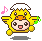 Pixel art character in yellow chick costume with white tuft, orange beak, and brown outline; four variations show changing mouth expressions and musical note colors.