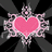 A static pixelated icon features a central pink heart surrounded by a white and gray patterned border on a black background.