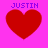 Four red heart shapes on a bright pink background with the text 'JUSTIN' in blue above each heart.