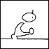 A black-and-white stick figure animation shows a character transitioning through seated, kneeling, and standing poses with subtle head movements.