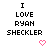 Pixelated text reads 'I LOVE RYAN SHECKLER' with two pink heart icons below, one static and one animated.