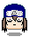 Pixel art character with blue headband and silver forehead protector, four variations showing subtle facial expression changes.