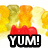 Pixelated icon shows red flame-like shapes above bold white text 'YUM!' on black background with yellow-orange gradient backdrop.