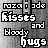 Animated text sequence showing 'razorblade Kisses and bloody hugs' with red vertical lines shifting position across frames.