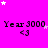 Bright pink background with repeated 'Year 3000' text and '<3' symbols, scattered white and light purple stars.