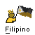 Pixelated icon shows a yellow figure holding a Philippine flag with black, white, and gold stripes and a golden sun, below the text 'Filipino' in blocky font.