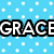 Pixelated text 'GRACE' in white with black outlines on a light blue background dotted with white squares.